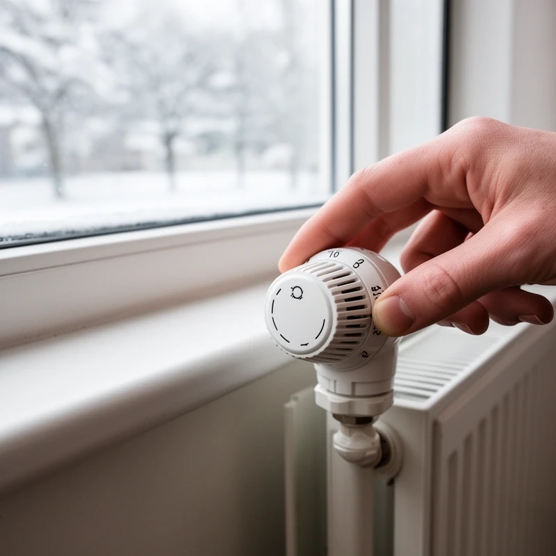 Dłoń ustawiająca głowicę termostatyczną na grzejniku pod oknem