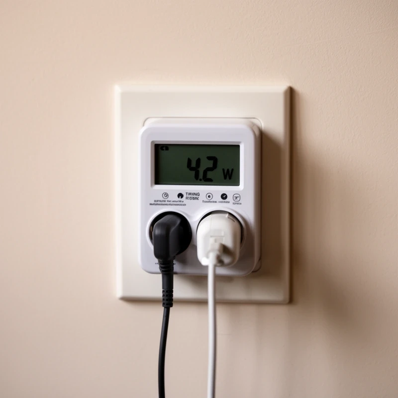 Miernik zużycia energii włożony do gniazdka z podłączoną ładowarką, na wyświetlaczu 4,2 W