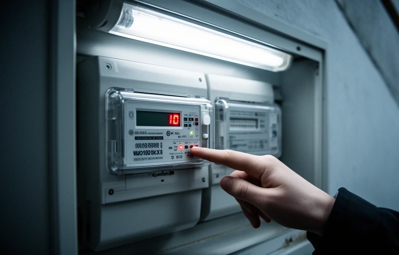 Licznik energii elektrycznej z wyświetlaczem dwóch stref taryfowych w skrzynce na klatce schodowej